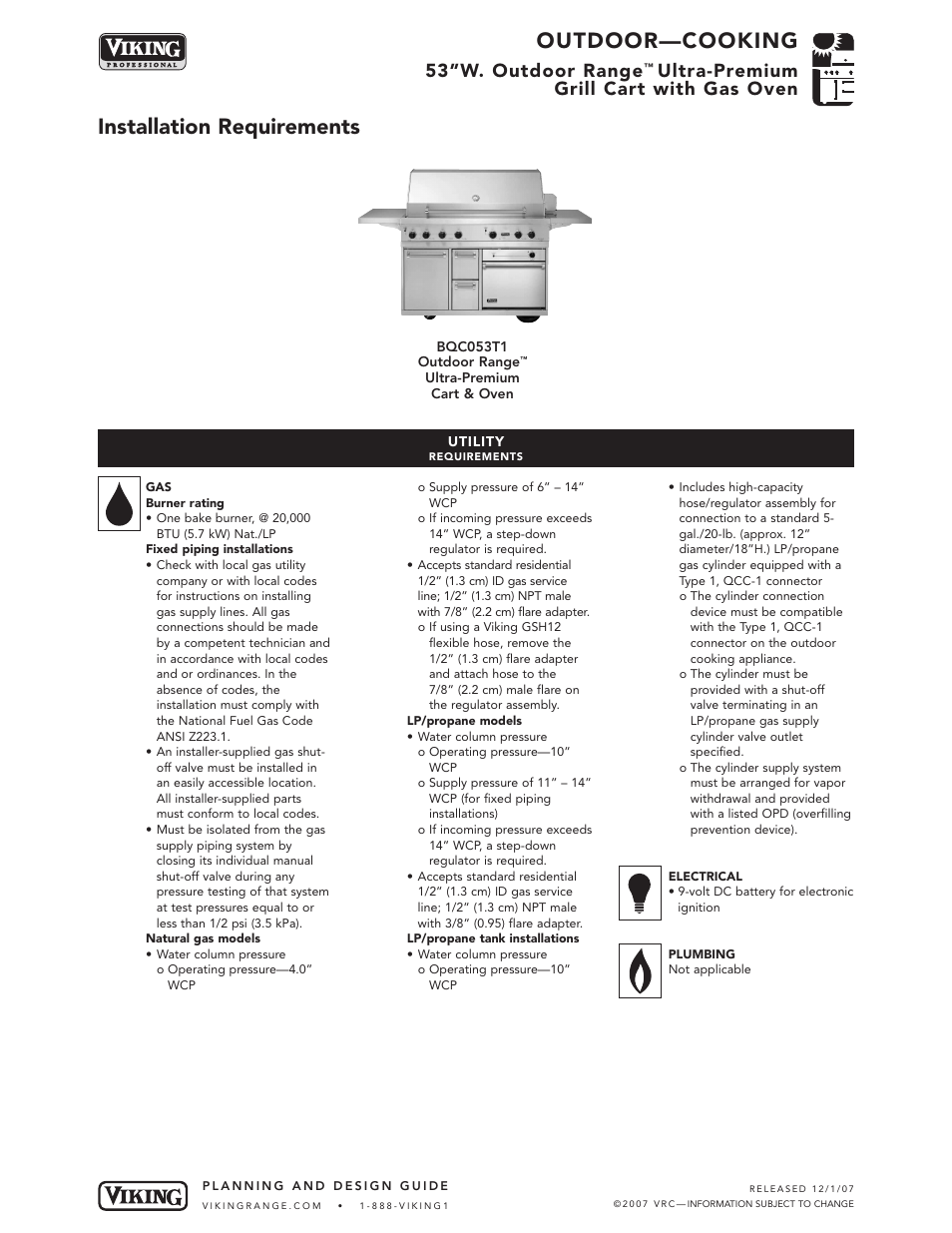 Outdoor—cooking, Installation requirements, 53”w. outdoor range | Ultra-premium grill cart with gas oven | Viking BQC053T1 User Manual | Page 4 / 5