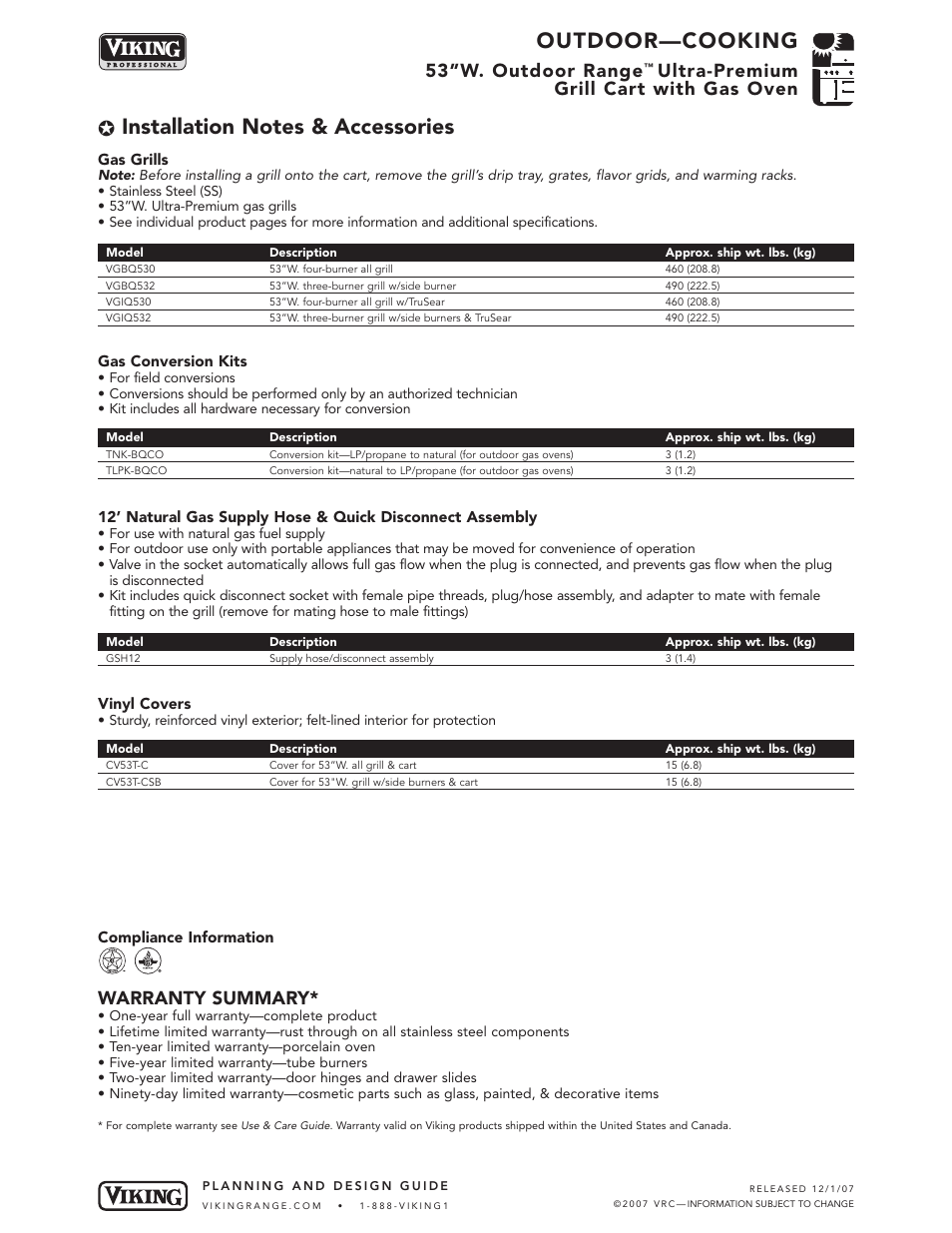 Outdoor—cooking, 53”w. outdoor range, Ultra-premium grill cart with gas oven | Warranty summary | Viking BQC053T1 User Manual | Page 5 / 5