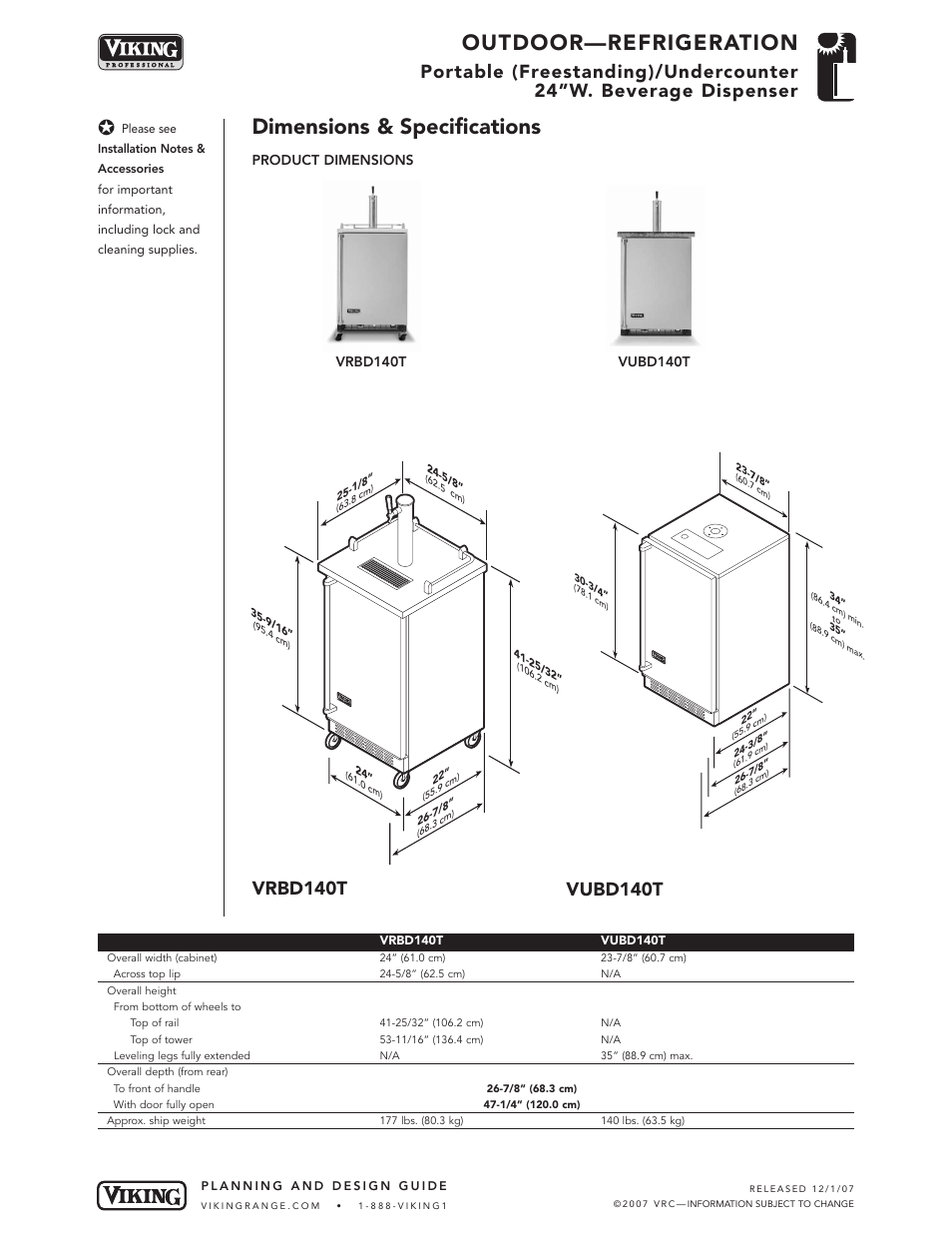 Outdoor—refrigeration, Dimensions & specifications | Viking VRBD140T User Manual | Page 2 / 5