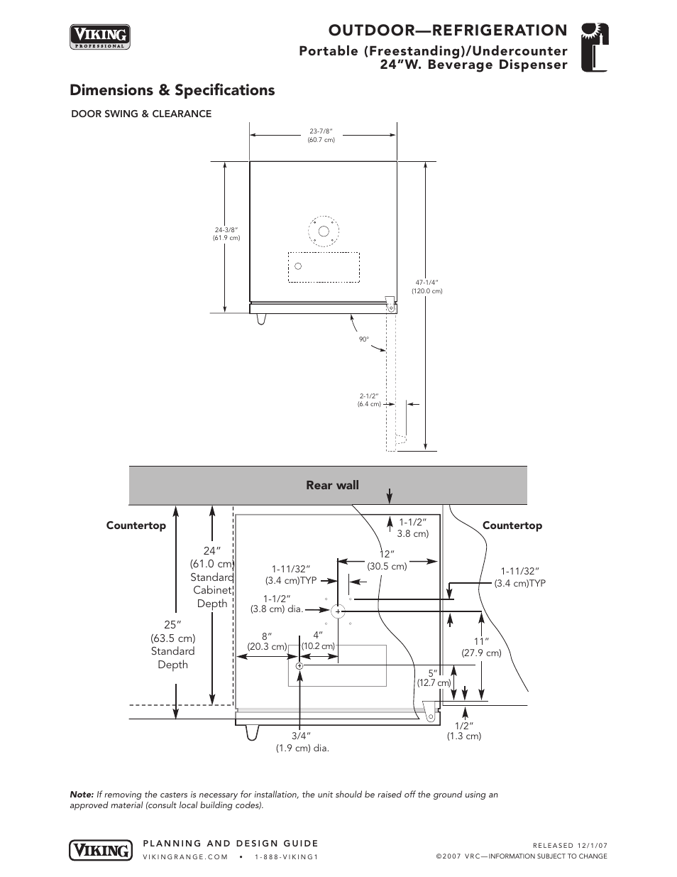 Outdoor—refrigeration, Dimensions & specifications, Rear wall | Viking VRBD140T User Manual | Page 3 / 5