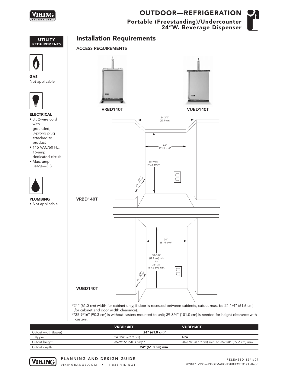 Outdoor—refrigeration, Installation requirements | Viking VRBD140T User Manual | Page 4 / 5