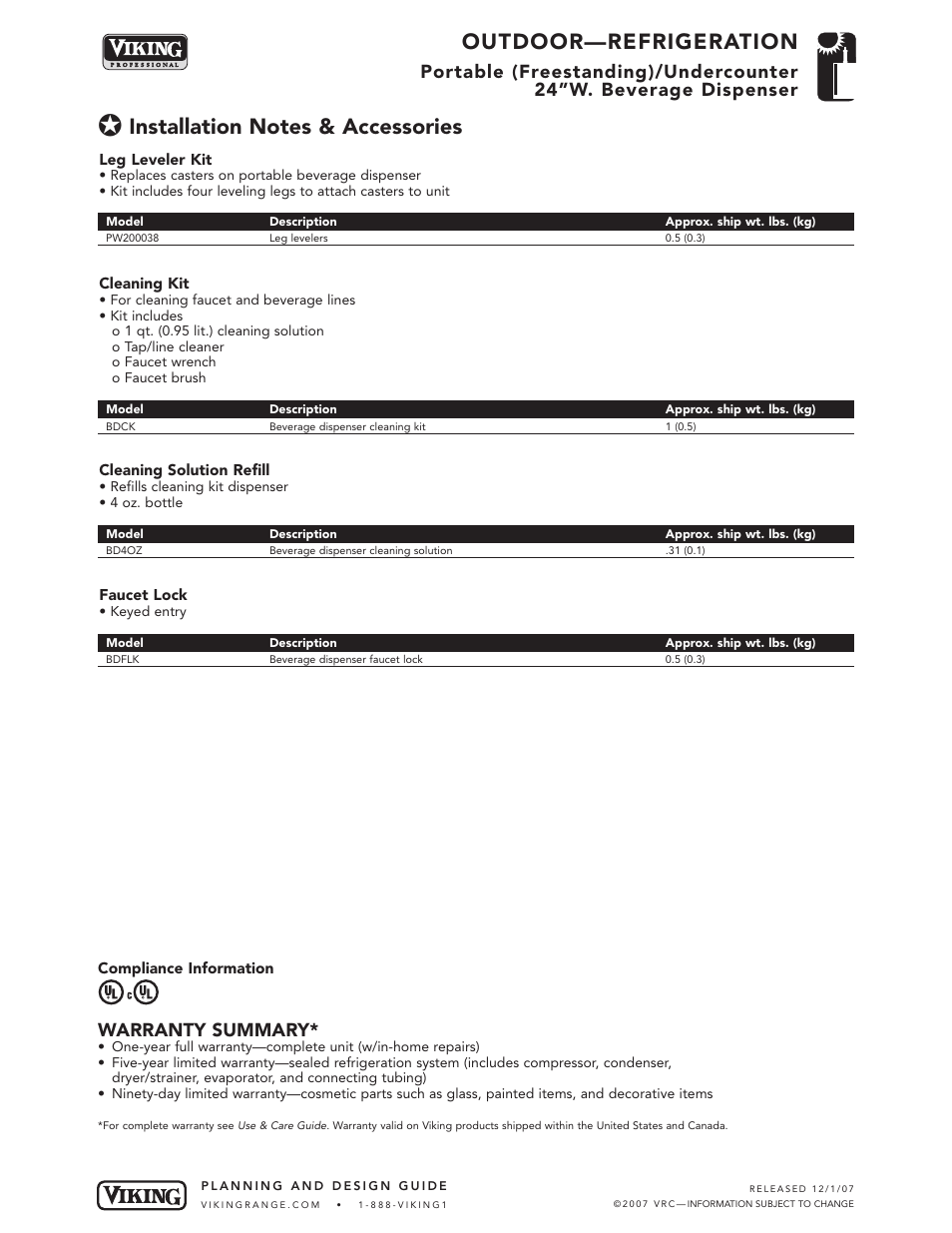 Outdoor—refrigeration, Warranty summary | Viking VRBD140T User Manual | Page 5 / 5