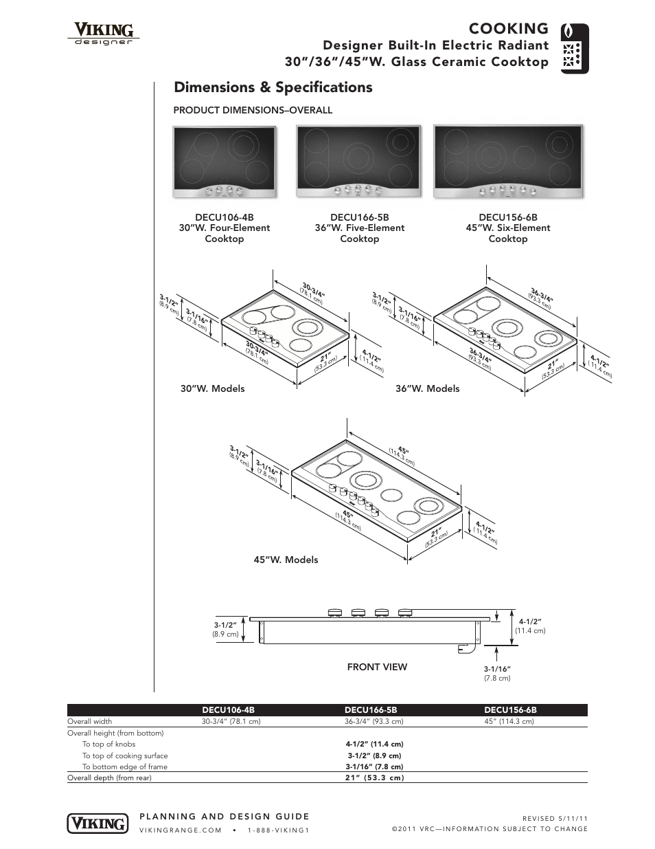 Cooking, Dimensions & specifications, Front view | Viking DECU165-5B 36"W User Manual | Page 2 / 5