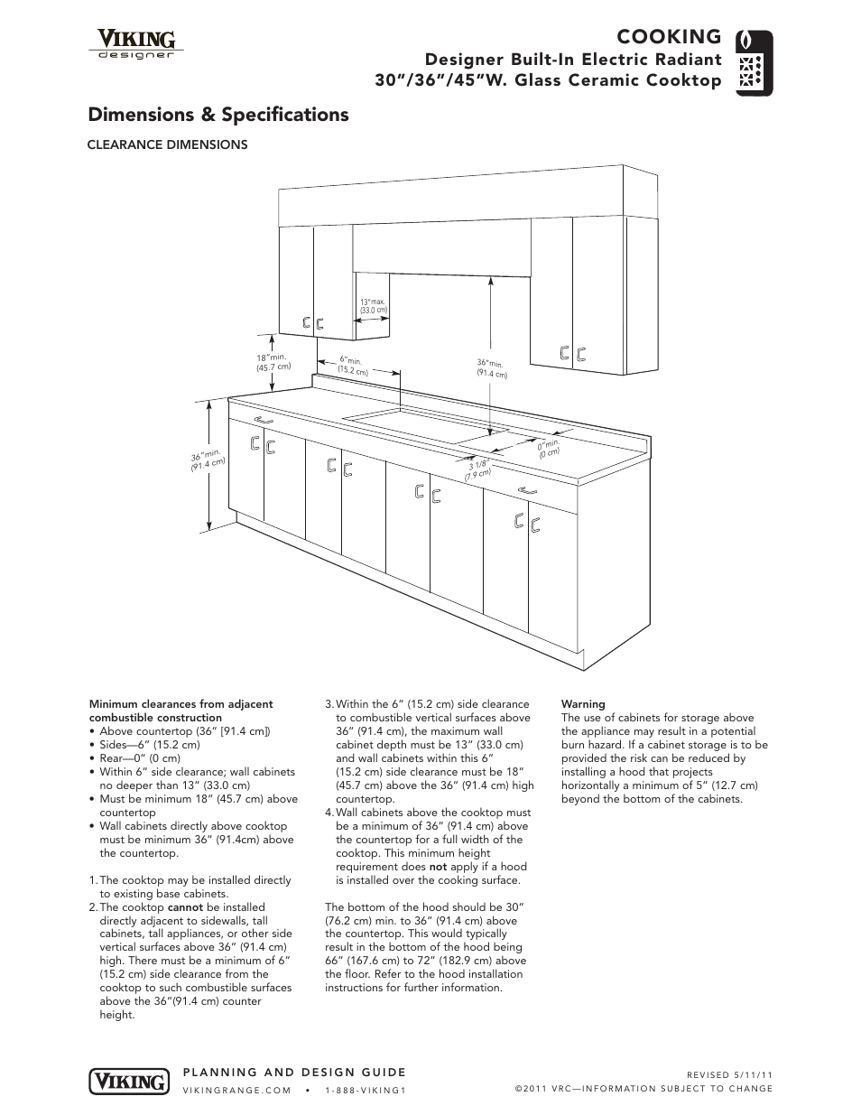 Cooking, Dimensions & specifications | Viking DECU165-5B 36"W User Manual | Page 3 / 5