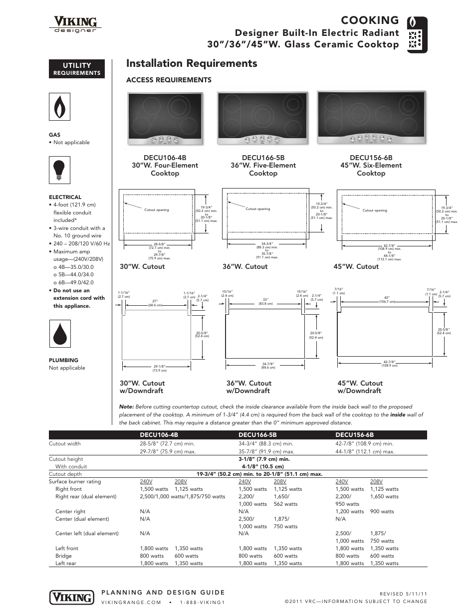 Cooking, Installation requirements, Utility | Access requirements | Viking DECU165-5B 36"W User Manual | Page 4 / 5