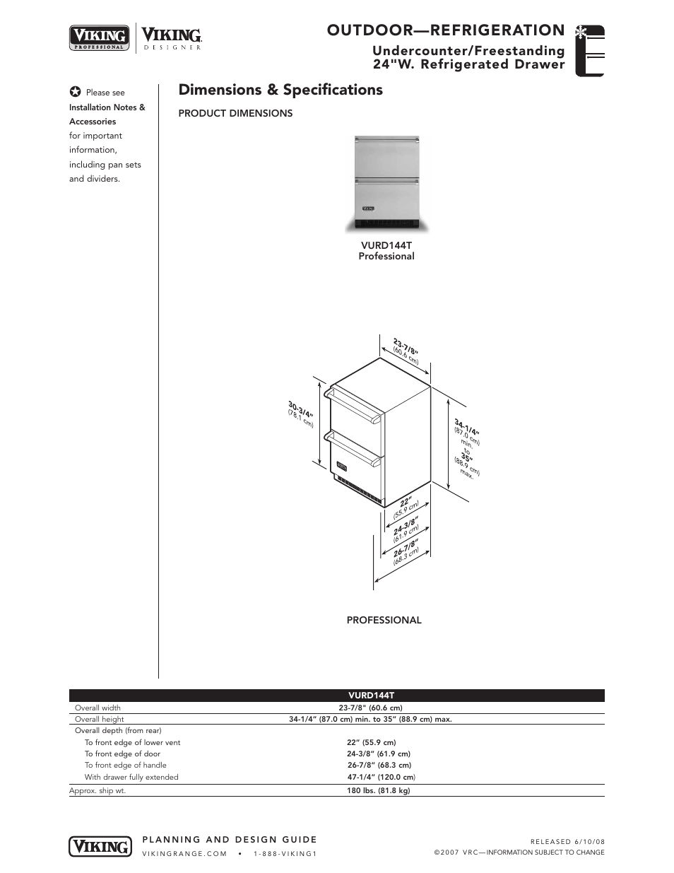 Outdoor—refrigeration, Dimensions & specifications | Viking VURD144T User Manual | Page 2 / 5