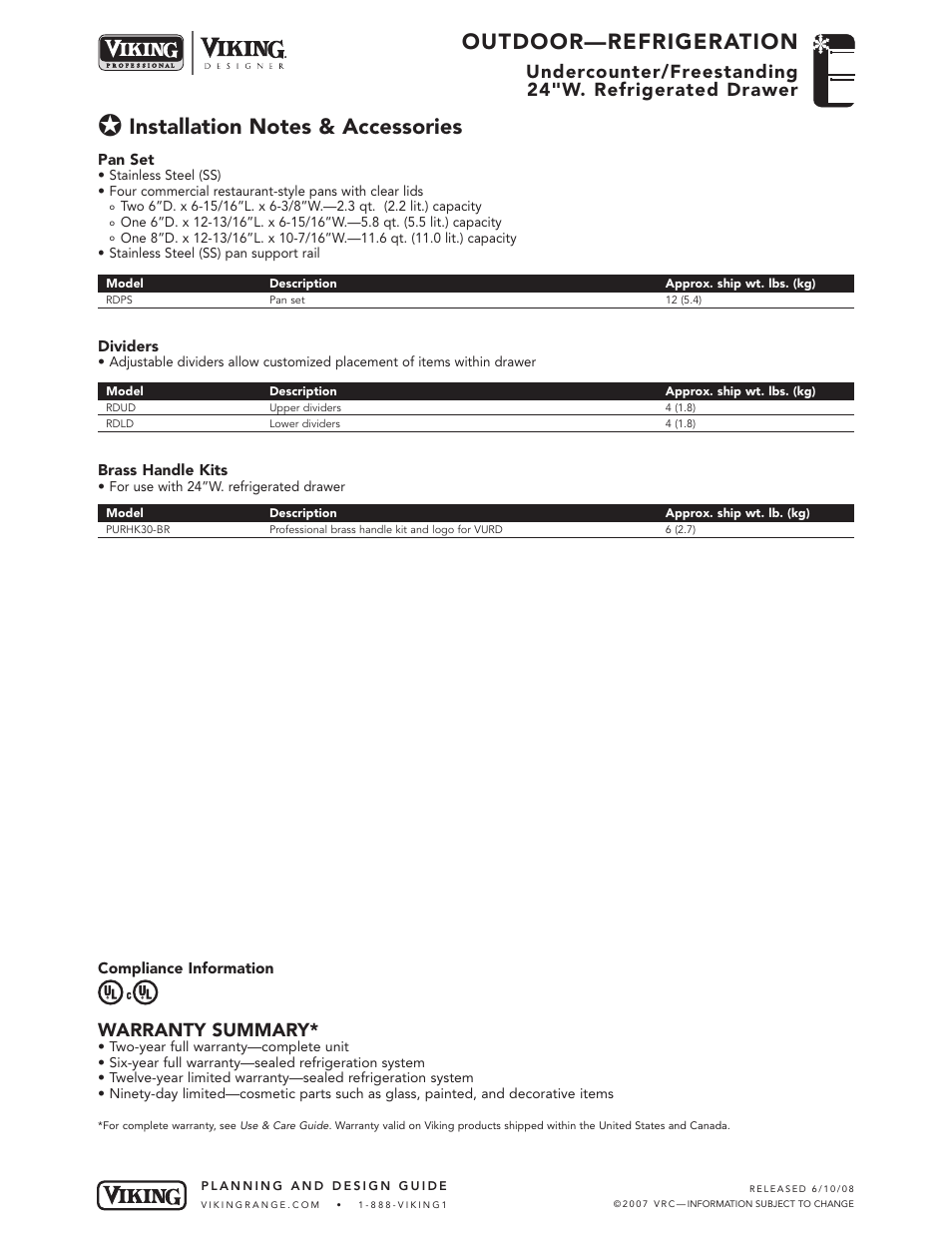 Outdoor—refrigeration, Warranty summary | Viking VURD144T User Manual | Page 5 / 5