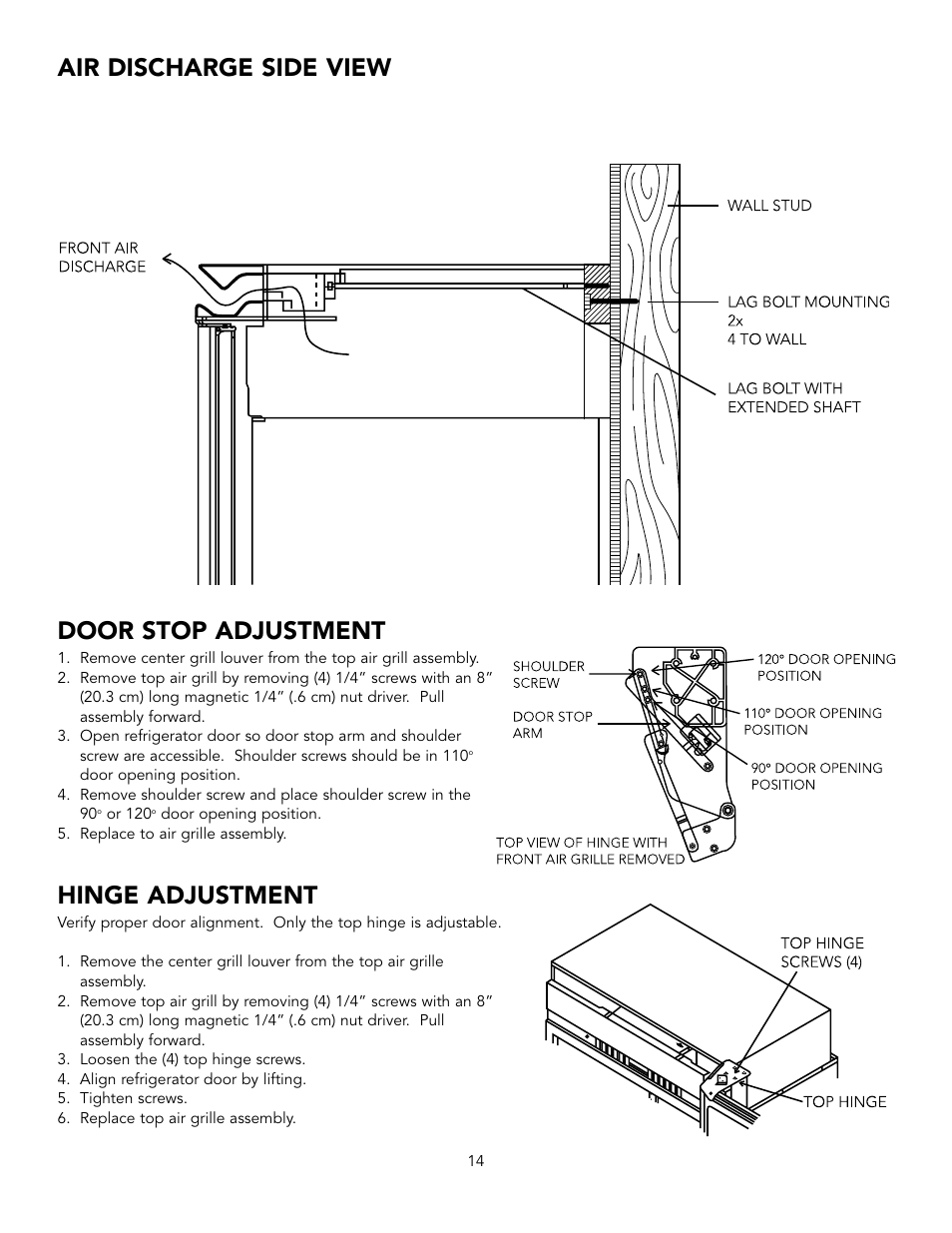 Air discharge side view door stop adjustment, Hinge adjustment | Viking BRTGK72SS User Manual | Page 14 / 16