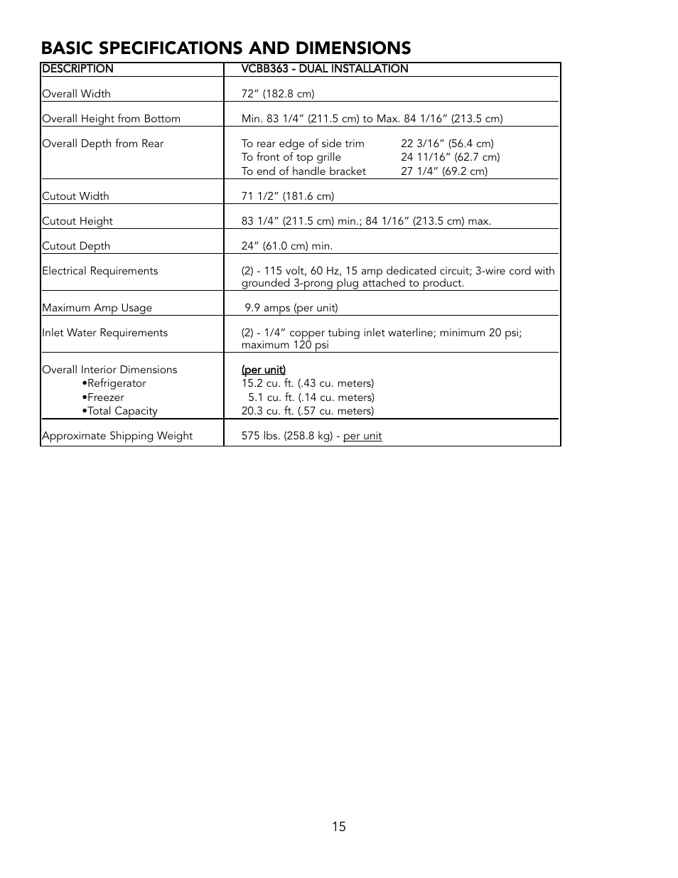 Basic specifications and dimensions | Viking BRTGK72SS User Manual | Page 15 / 16