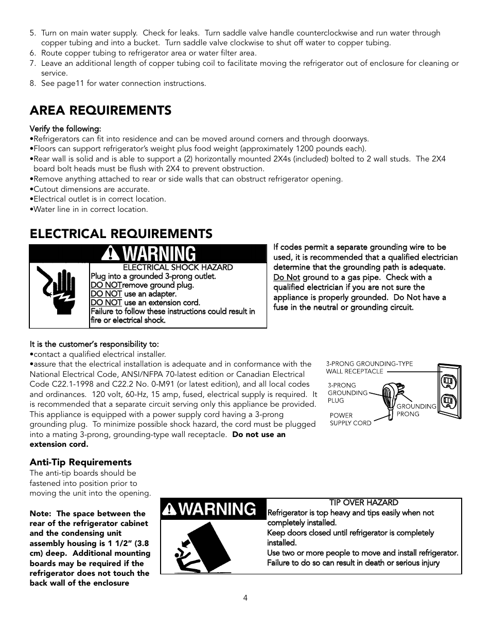 Electrical requirements area requirements | Viking BRTGK72SS User Manual | Page 4 / 16
