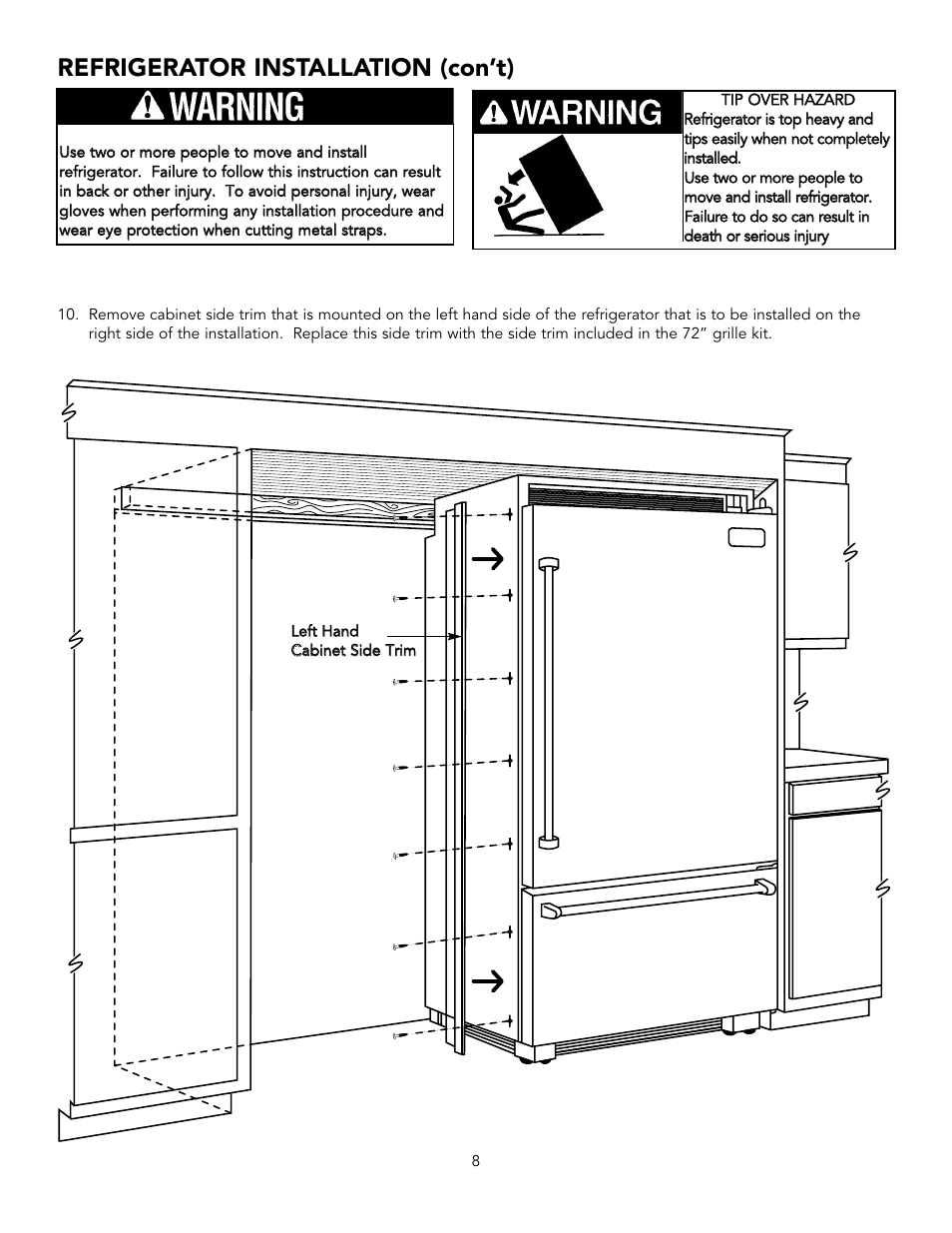 Refrigerator installation (con’t) | Viking BRTGK72SS User Manual | Page 8 / 16