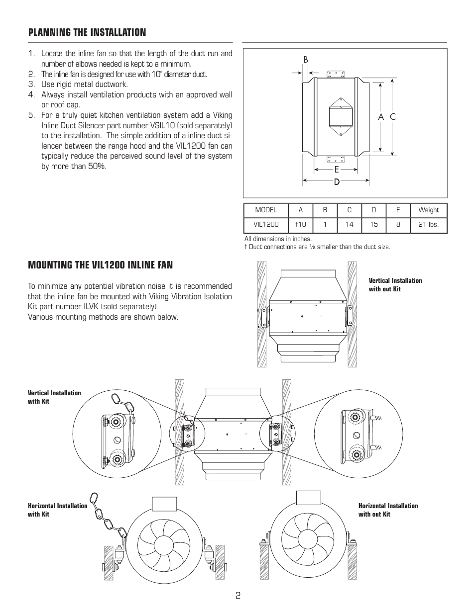 Planning the installation, Mounting the vil1200 inline fan | Viking VIL1200 User Manual | Page 2 / 4