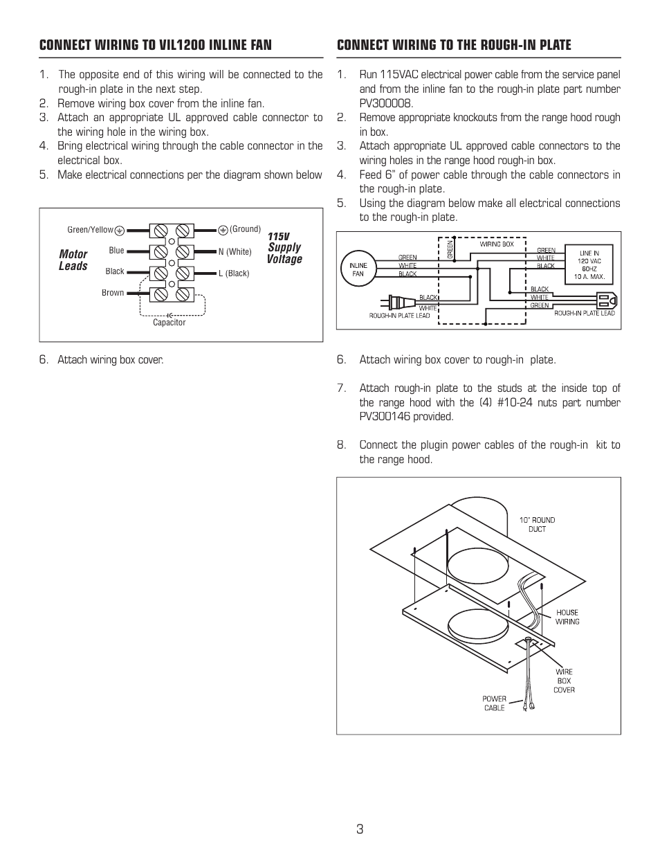 Connect wiring to vil1200 inline fan, Connect wiring to the rough-in plate | Viking VIL1200 User Manual | Page 3 / 4