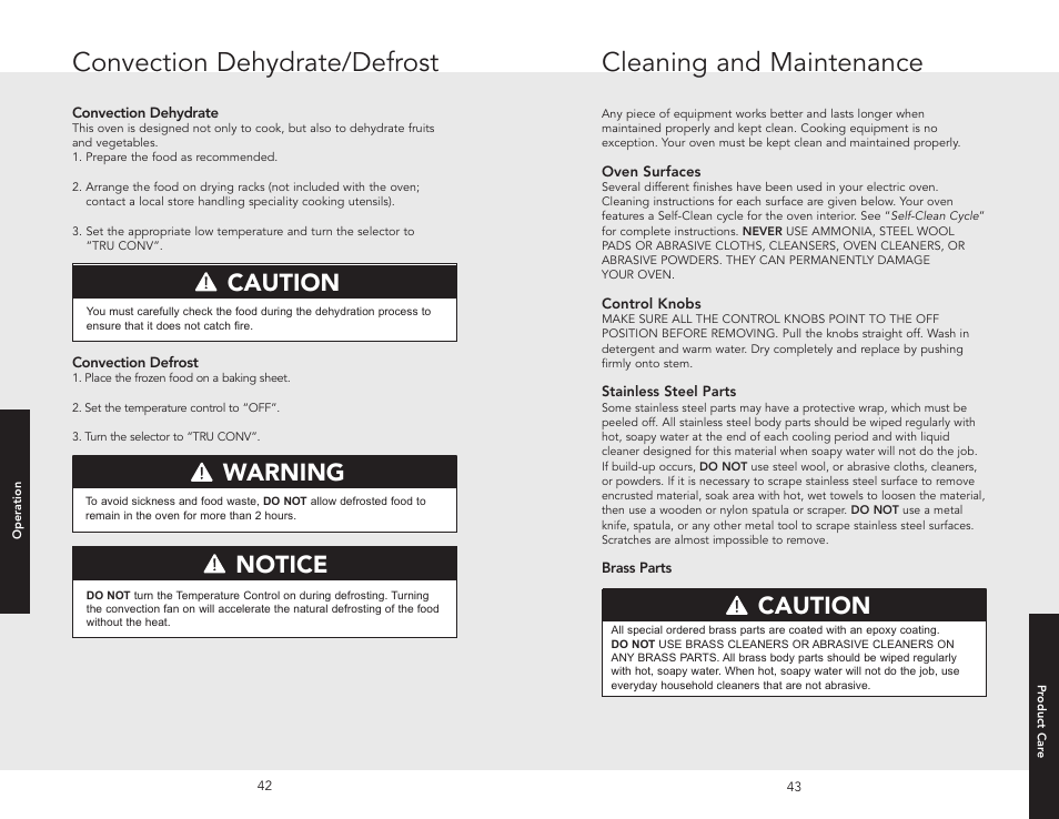 Replacing oven light, Replacing oven lights, Convection dehydrate/defrost | Cleaning and maintenance, Warning danger caution notice | Viking F20669B EN (011910) User Manual | Page 22 / 26