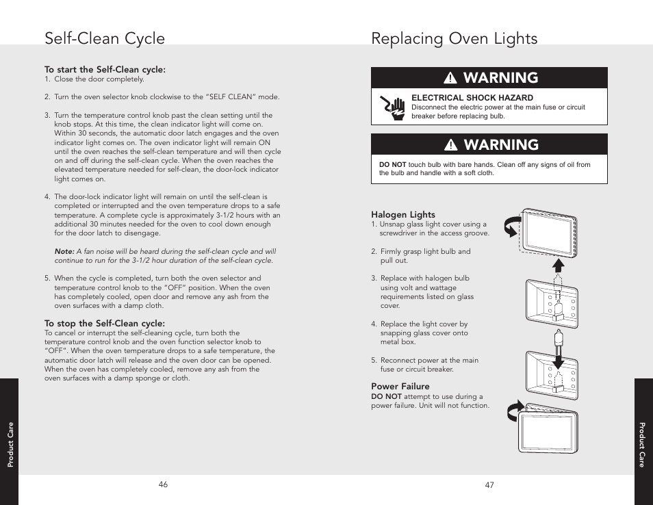 Replacing oven lights, Self-clean cycle, Warning danger caution notice | Viking F20669B EN (011910) User Manual | Page 24 / 26