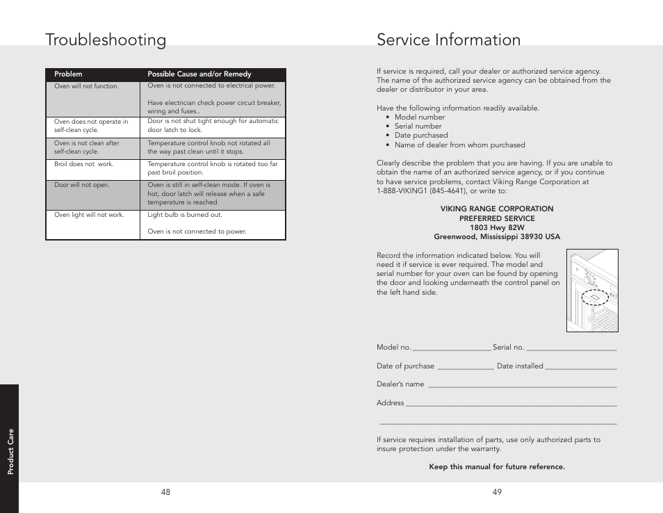 Troubleshooting, Service information | Viking F20669B EN (011910) User Manual | Page 25 / 26