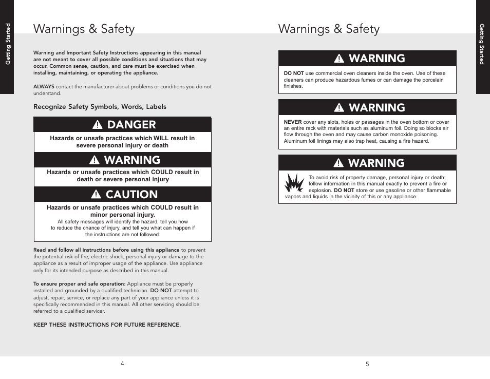 Getting started, Warnings & safety, Danger | Warning caution warning, Warning | Viking F20669B EN (011910) User Manual | Page 3 / 26