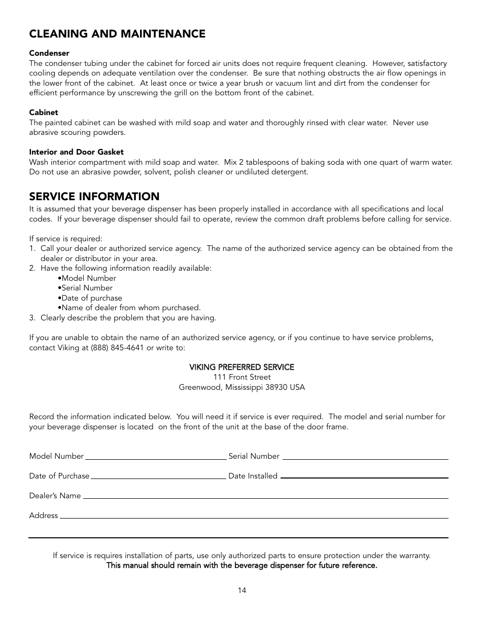 Service information, Cleaning and maintenance | Viking VRBD/VUBD 24" W. BEVERAGE DISPENSER User Manual | Page 14 / 16