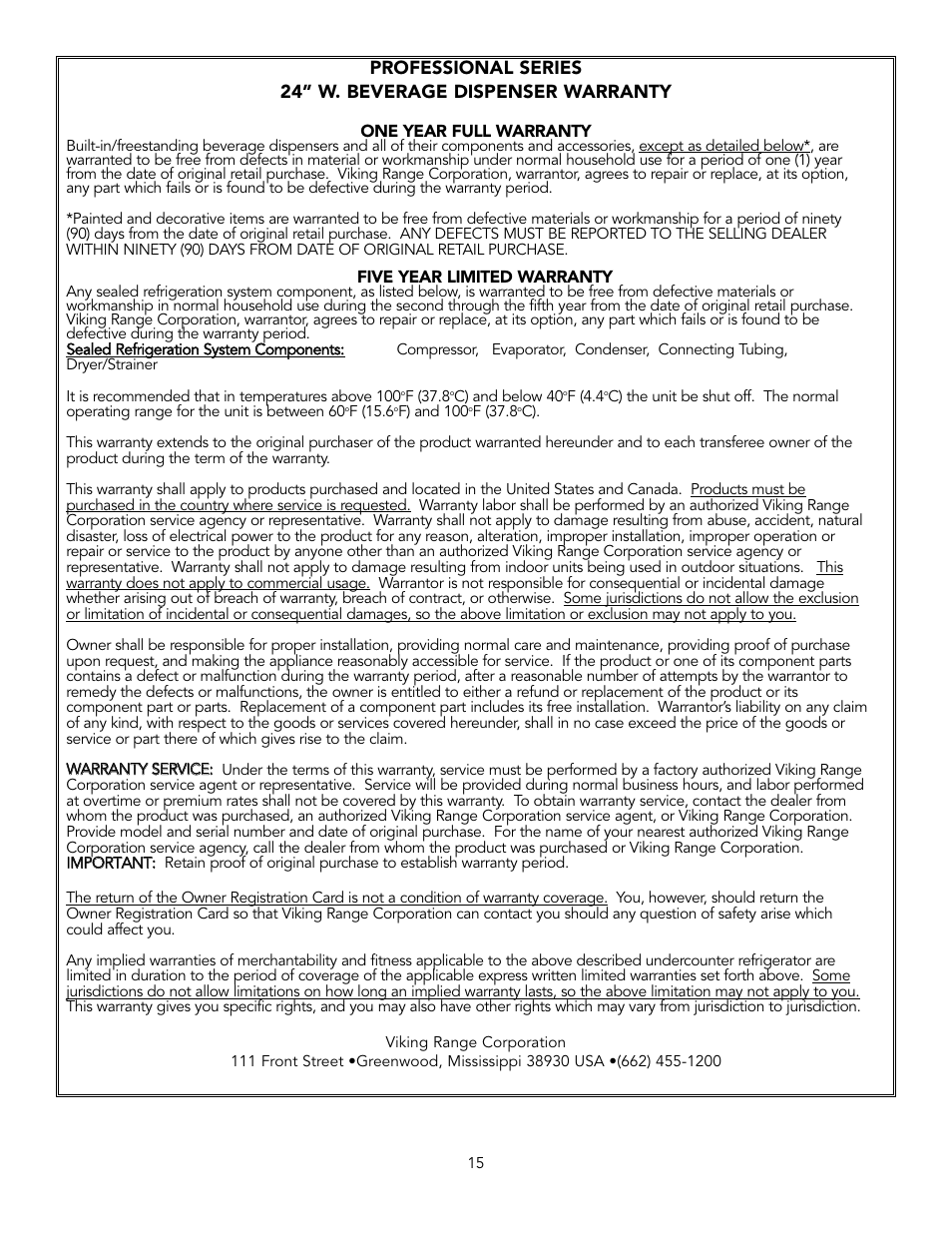 Viking VRBD/VUBD 24" W. BEVERAGE DISPENSER User Manual | Page 15 / 16