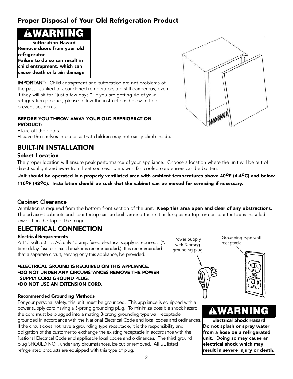 Built-in installation, Electrical connection, Proper disposal of your old refrigeration product | Viking VRBD/VUBD 24" W. BEVERAGE DISPENSER User Manual | Page 2 / 16
