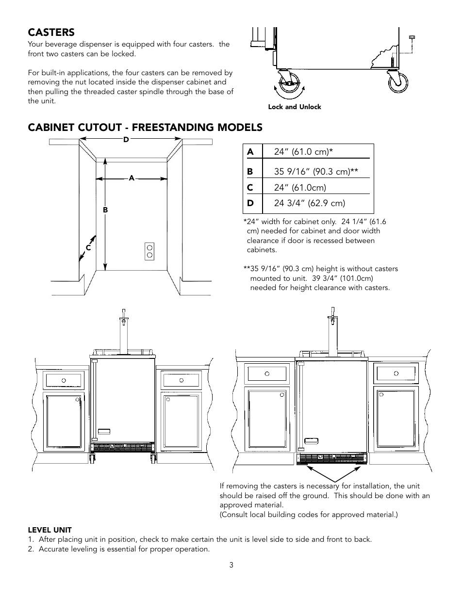 Casters, Cabinet cutout - freestanding models | Viking VRBD/VUBD 24" W. BEVERAGE DISPENSER User Manual | Page 3 / 16