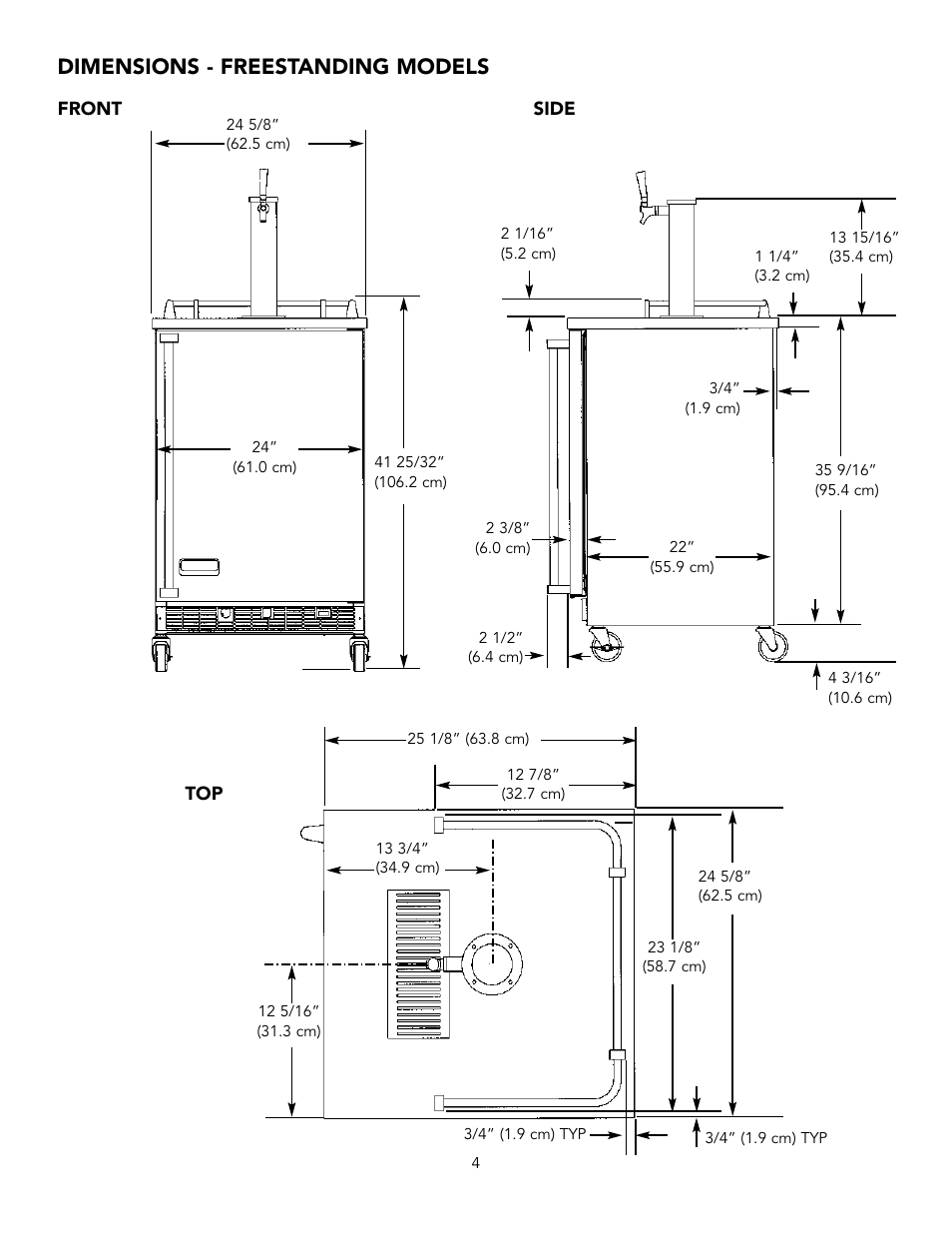 Dimensions - freestanding models | Viking VRBD/VUBD 24" W. BEVERAGE DISPENSER User Manual | Page 4 / 16