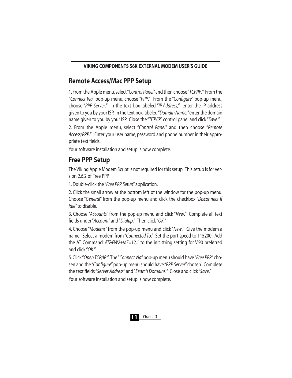 Remote access/mac ppp setup, Free ppp setup | Viking 56K User Manual | Page 13 / 45