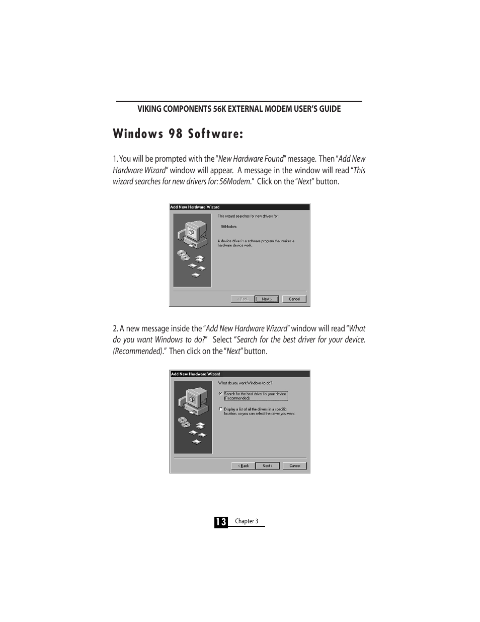 Windows 98 software | Viking 56K User Manual | Page 15 / 45