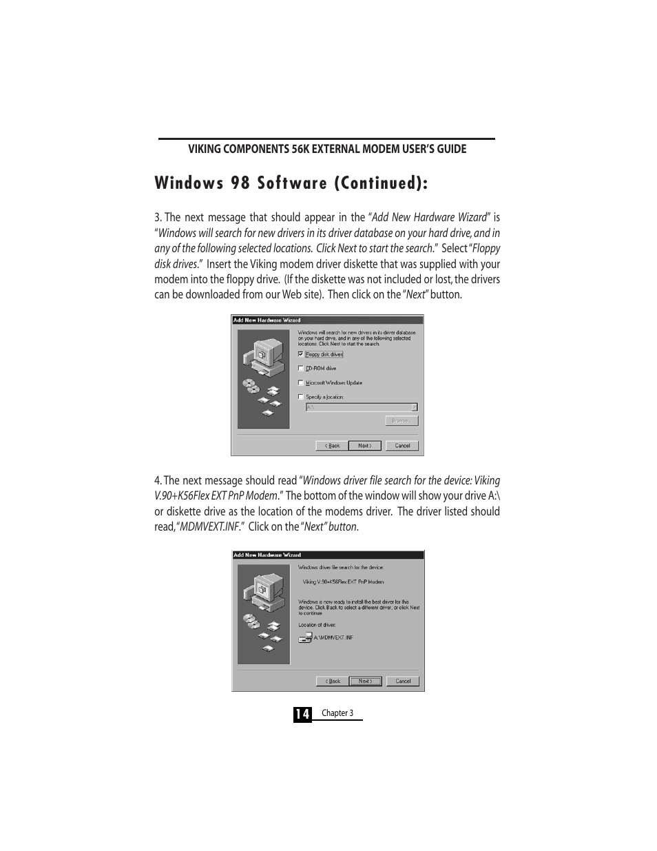 Windows 98 software (continued) | Viking 56K User Manual | Page 16 / 45