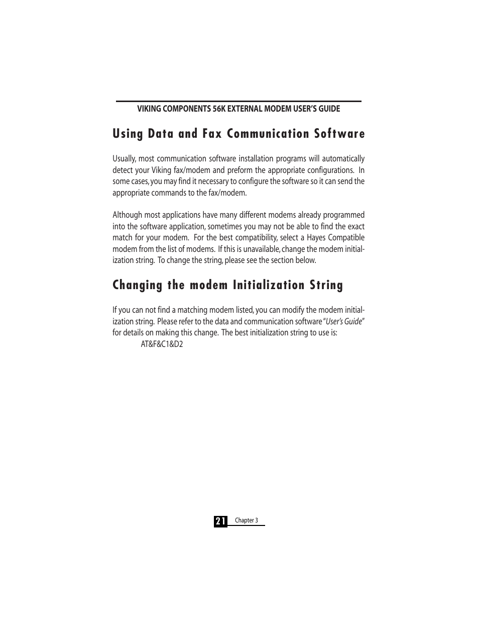 Using data and fax communication software, Changing the modem initialization string | Viking 56K User Manual | Page 23 / 45