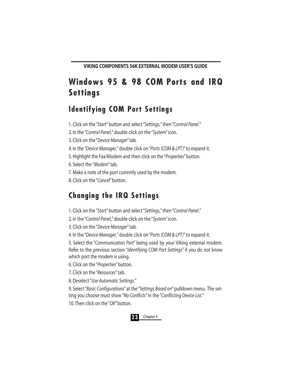 Windows 95 & 98 com ports and irq settings, Identifying com port settings, Changing the irq settings | Viking 56K User Manual | Page 25 / 45