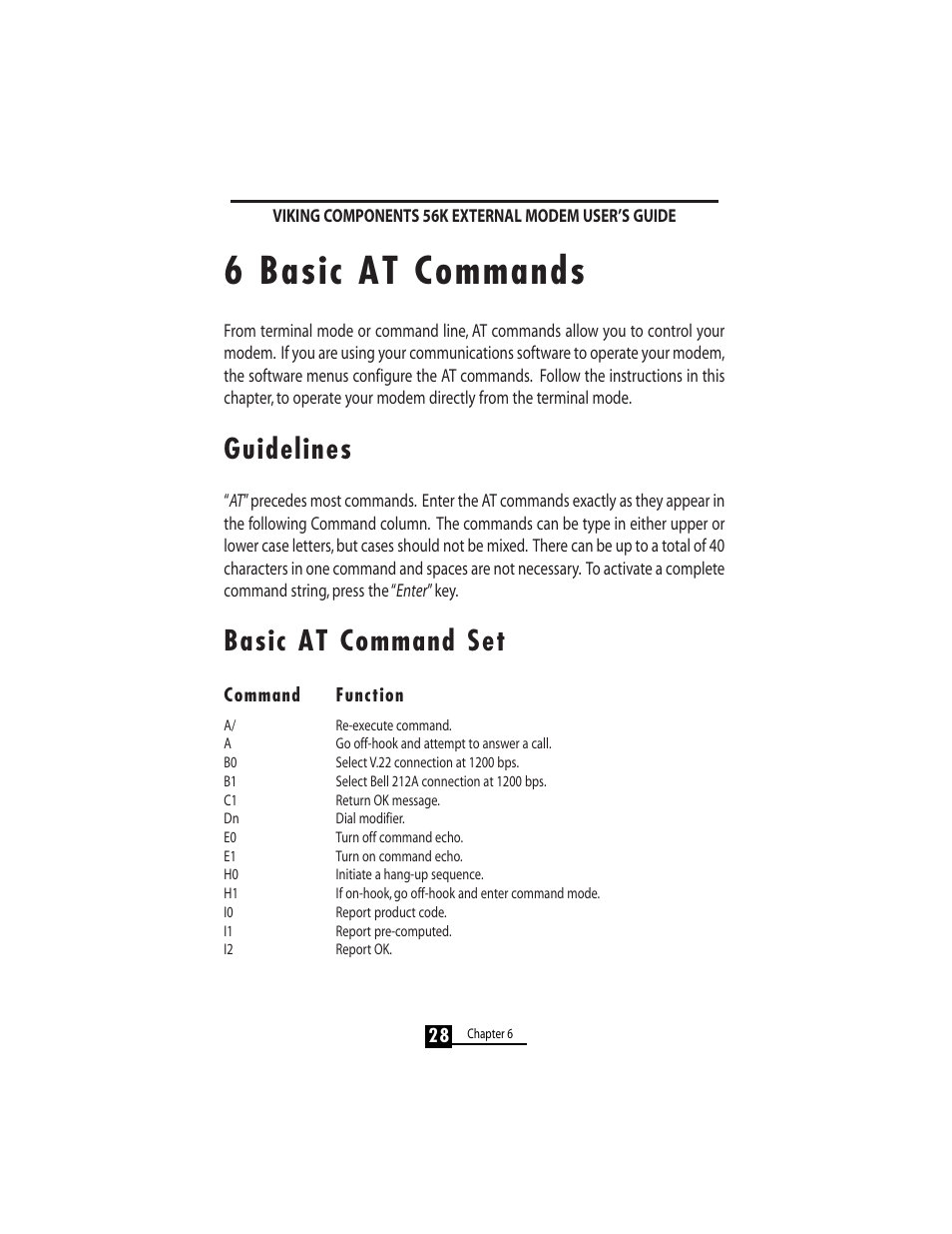 6 basic at commands, Guidelines, Basic at command set | Viking 56K User Manual | Page 30 / 45