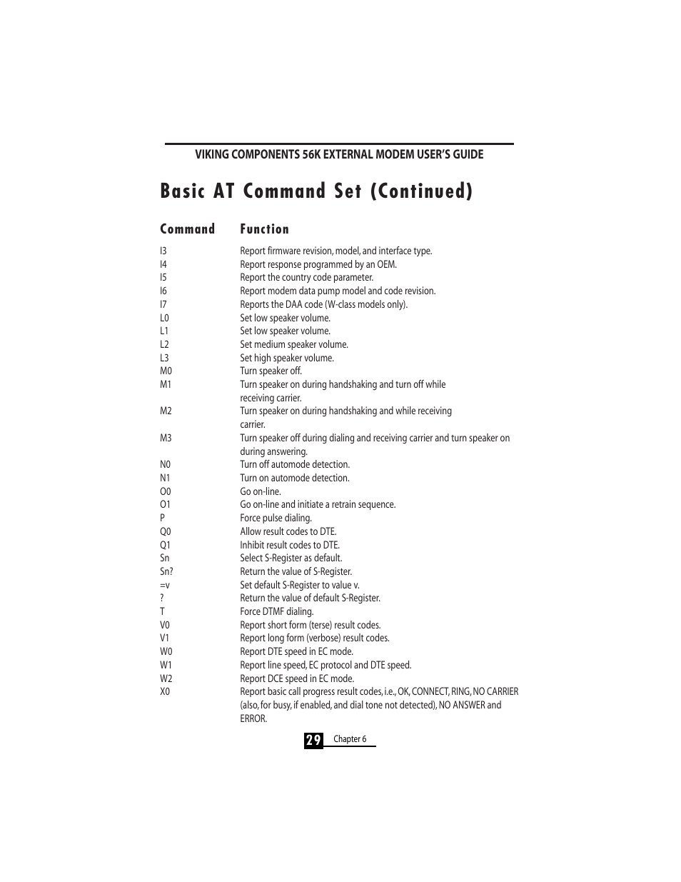 Basic at command set (continued) | Viking 56K User Manual | Page 31 / 45