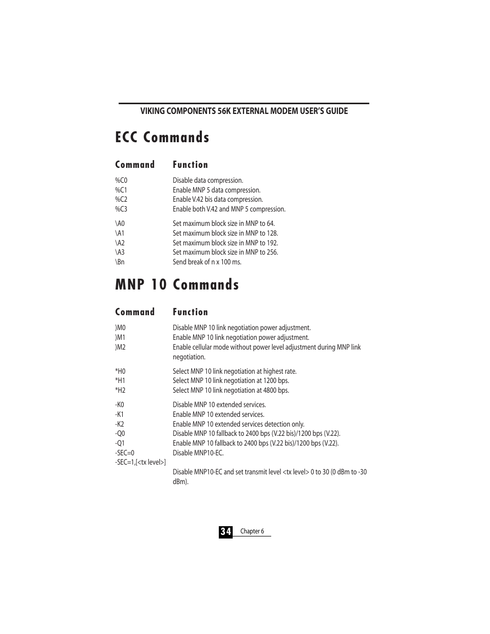 Ecc commands, Mnp 10 commands | Viking 56K User Manual | Page 36 / 45