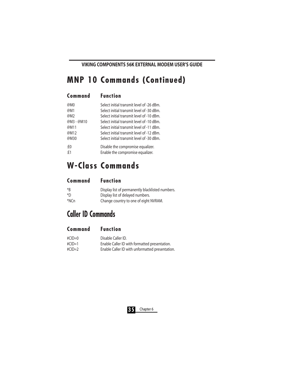 Mnp 10 commands (continued), W-class commands, Caller id commands | Viking 56K User Manual | Page 37 / 45