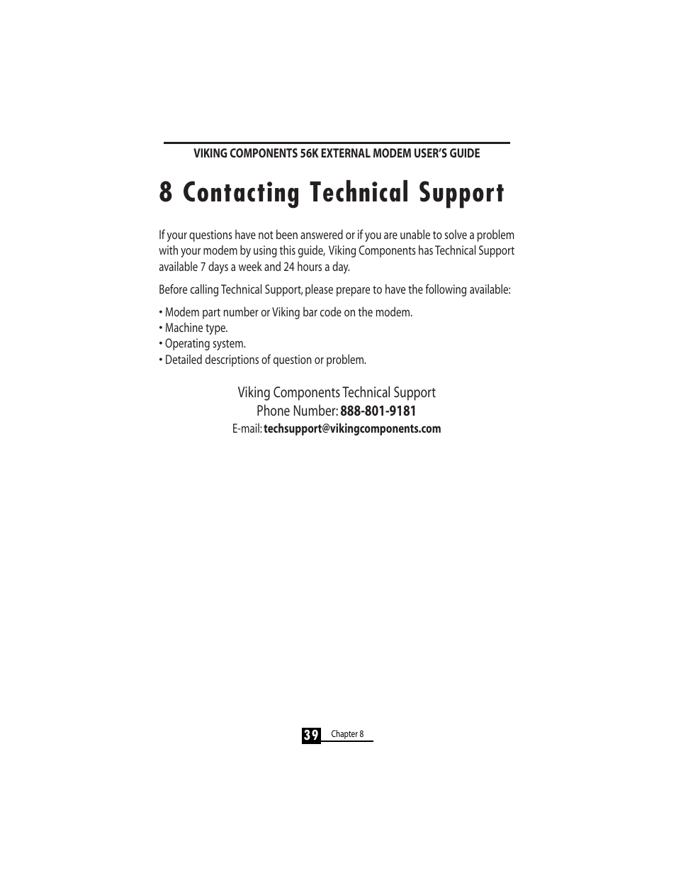 8 contacting technical support | Viking 56K User Manual | Page 41 / 45