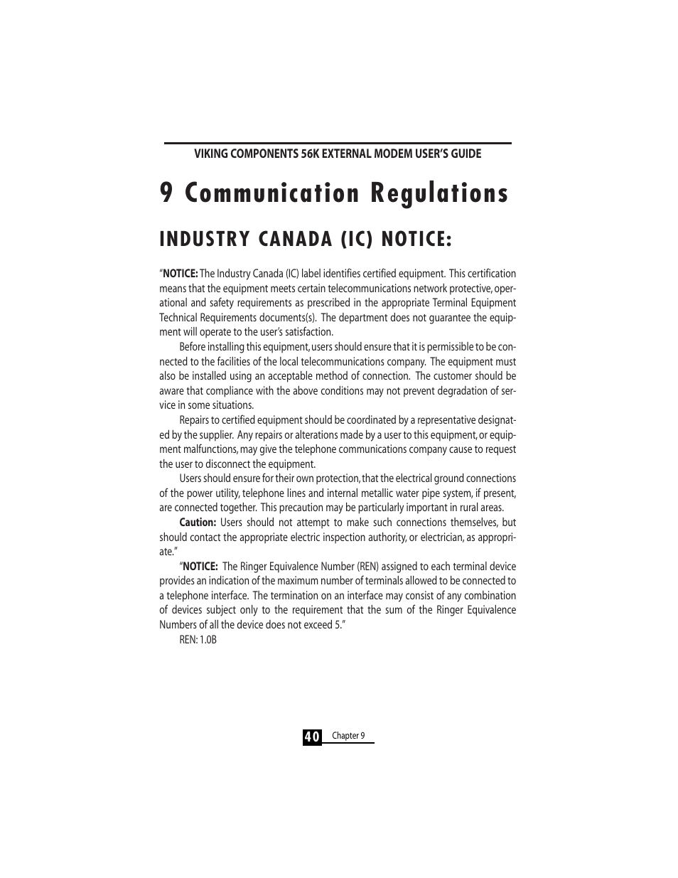 9 communication regulations, Industry canada (ic) notice | Viking 56K User Manual | Page 42 / 45
