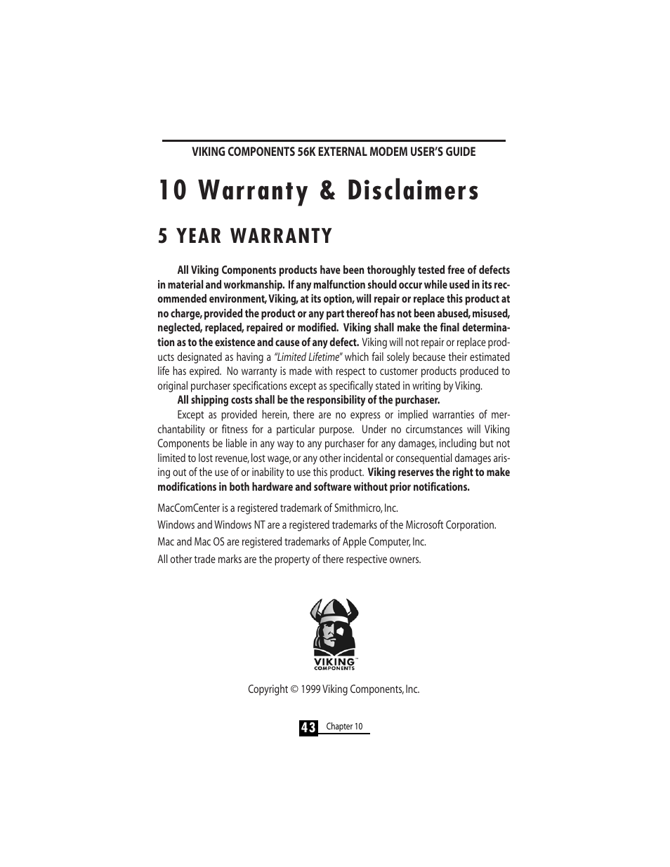 10 warranty & disclaimers, 5 year warranty | Viking 56K User Manual | Page 45 / 45