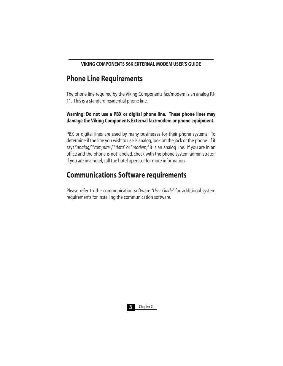 Phone line requirements, Communications software requirements | Viking 56K User Manual | Page 5 / 45