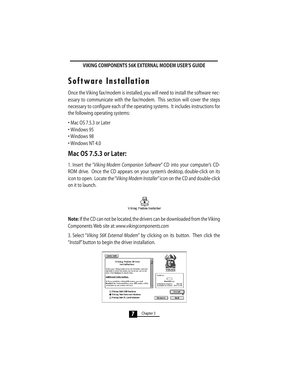 Software installation, Mac os 7.5.3 or later | Viking 56K User Manual | Page 9 / 45