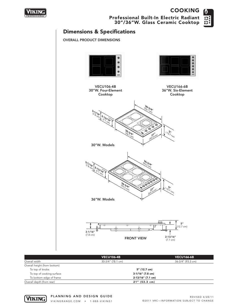 Cooking, Dimensions & specifications | Viking VECU User Manual | Page 2 / 5