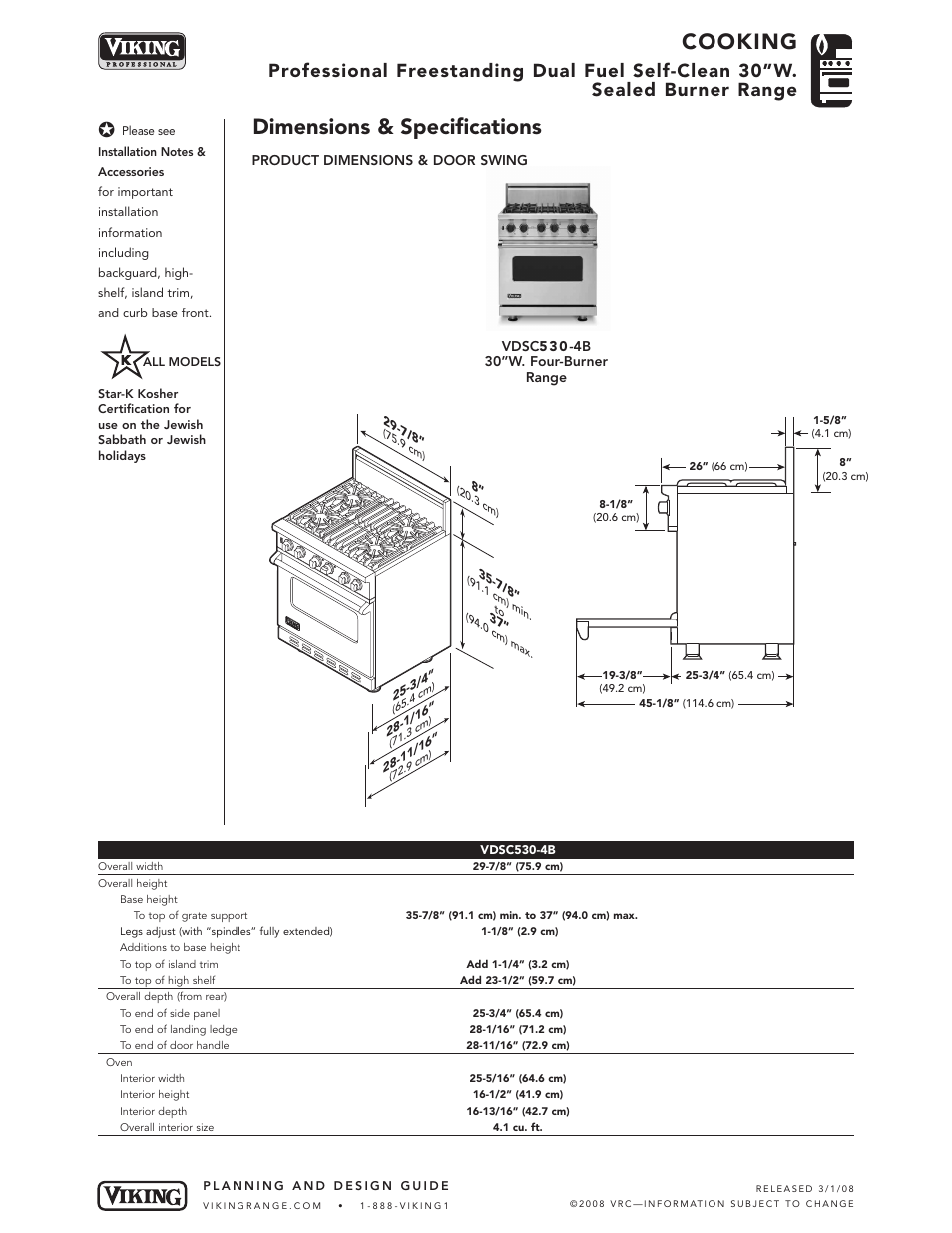 Cooking, Dimensions & specifications | Viking VDSC User Manual | Page 2 / 6