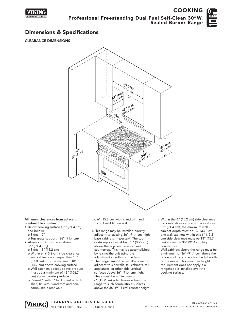 Cooking, Dimensions & specifications | Viking VDSC User Manual | Page 3 / 6