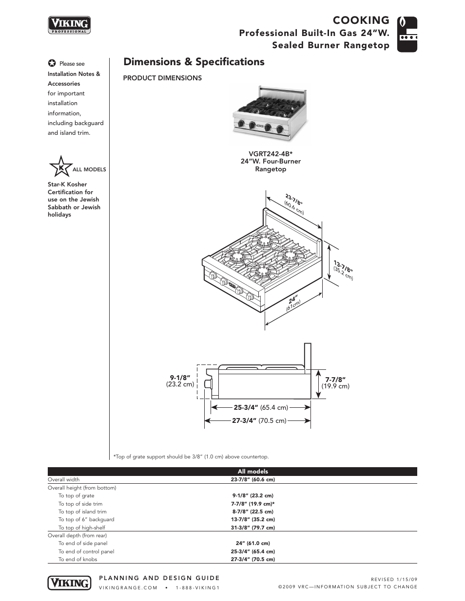 Cooking, Dimensions & specifications | Viking VGRT User Manual | Page 2 / 5