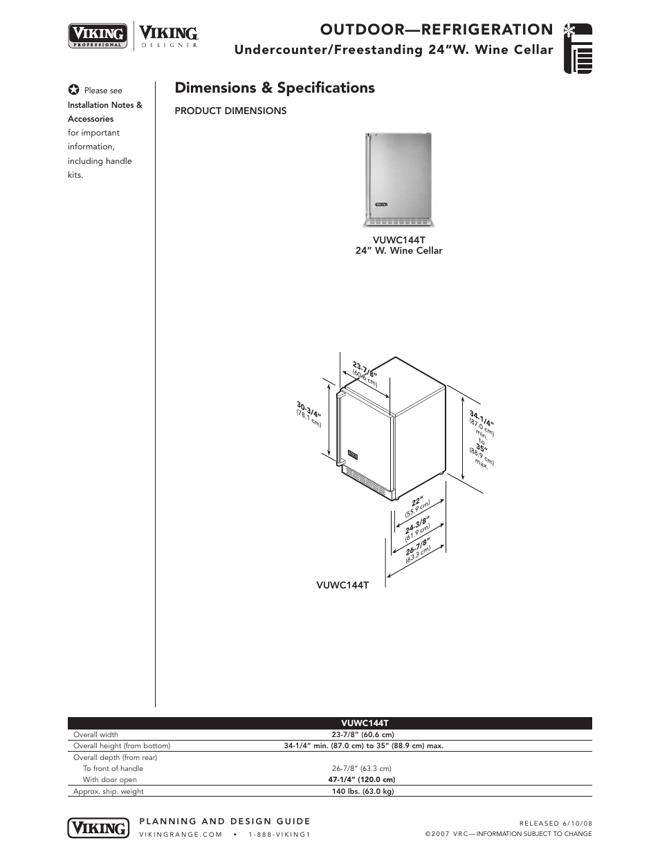 Outdoor—refrigeration, Dimensions & specifications, Undercounter/freestanding 24”w. wine cellar | Viking VUWC144T User Manual | Page 2 / 5