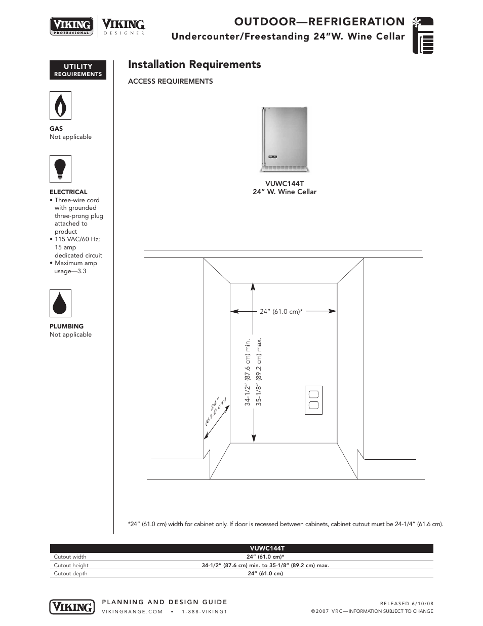 Outdoor—refrigeration, Installation requirements, Undercounter/freestanding 24”w. wine cellar | Viking VUWC144T User Manual | Page 4 / 5