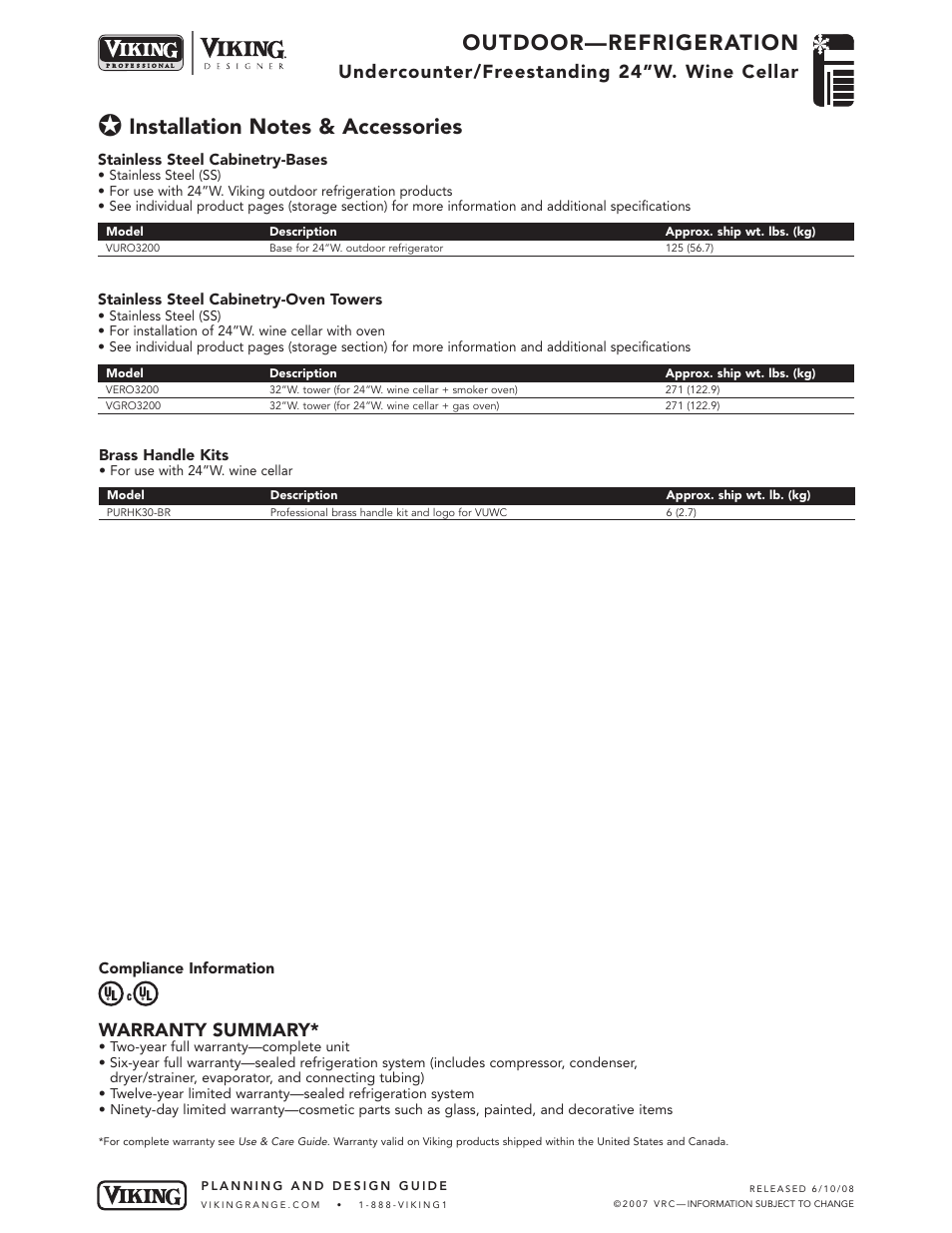 Outdoor—refrigeration, Undercounter/freestanding 24”w. wine cellar, Warranty summary | Viking VUWC144T User Manual | Page 5 / 5