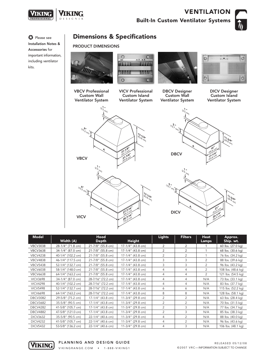 Ventilation, Dimensions & specifications, Built-in custom ventilator systems | Product dimensions, Vbcv vicv dbcv dicv | Viking VICV User Manual | Page 2 / 4