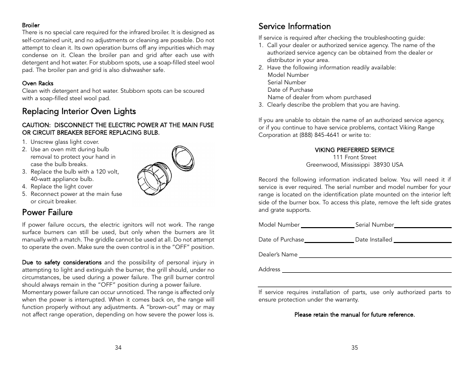 Service information, Replacing interior oven lights, Power failure | Viking F1220L User Manual | Page 18 / 20