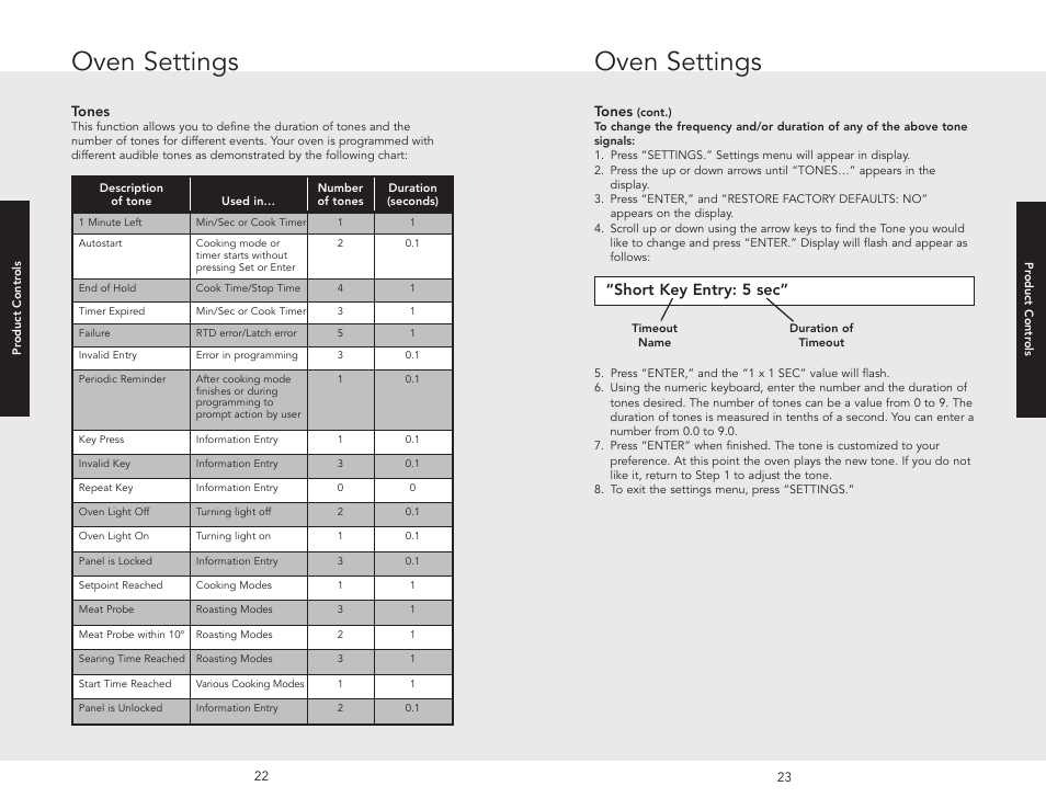 Oven settings, Short key entry: 5 sec | Viking F20686 User Manual | Page 12 / 34